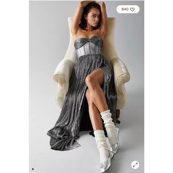 $750 BRONX AND BANCO Florence Metallic Strapless Maxi Dress Gown L Free People - Picture 2 of 16